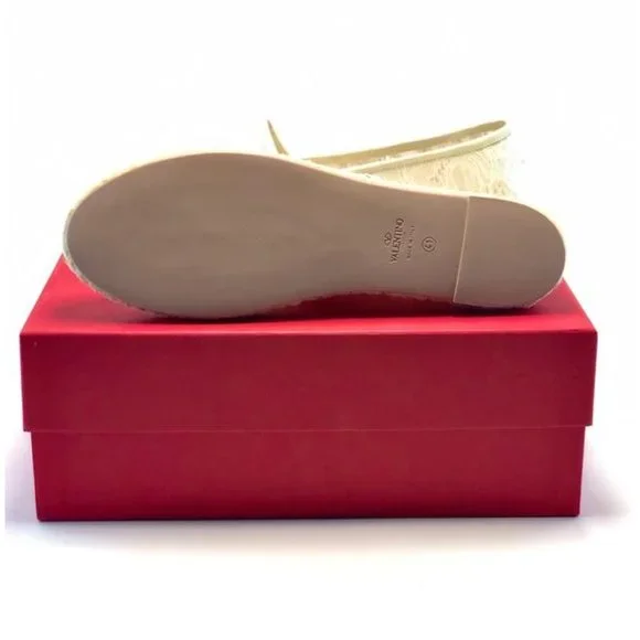 Valentino Garavani White Leather Trimmed Corded Lace Espadrilles Flats Espadrilles